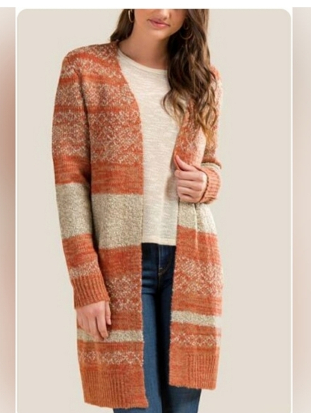 NWOT Ayla Long Cardigan Sweater - Rust & Cream Small Striped Spring Helga Boucle